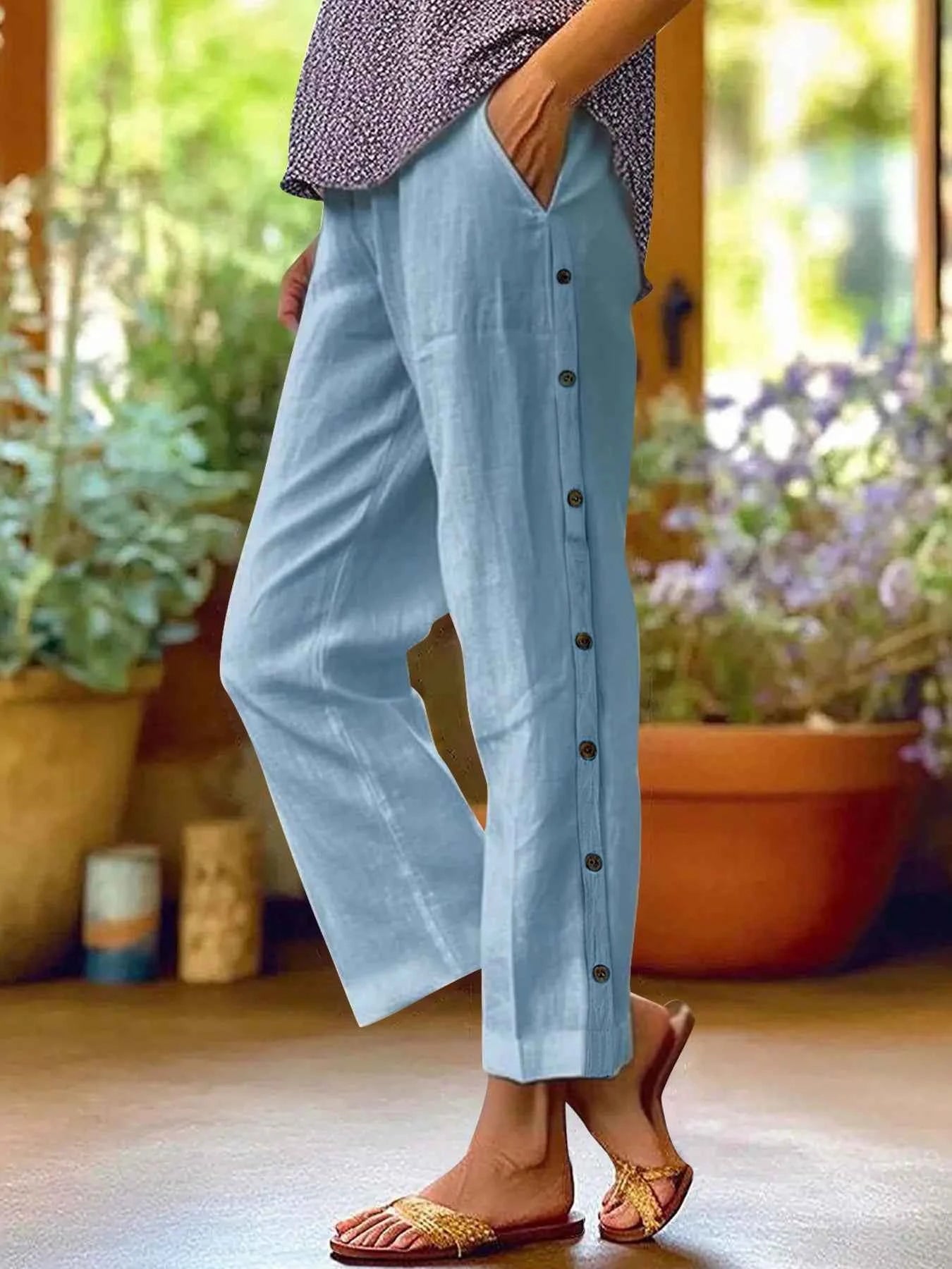 Full Size Side Decor Button Casual Wide Leg Pants Plus Size Sky Blue fa07990edda94960b6368394ce3c2609-Max-Origin