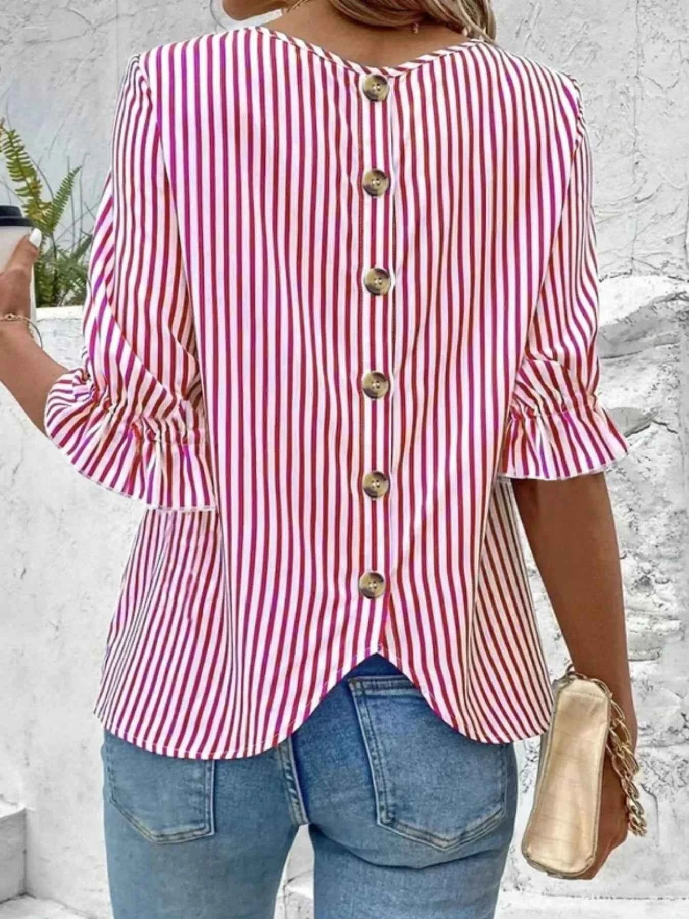 Striped Round Neck Half Sleeve Casual Blouse fa07f892-0df8-4684-bbcd-9c2ae7e80d0f-Max-Origin