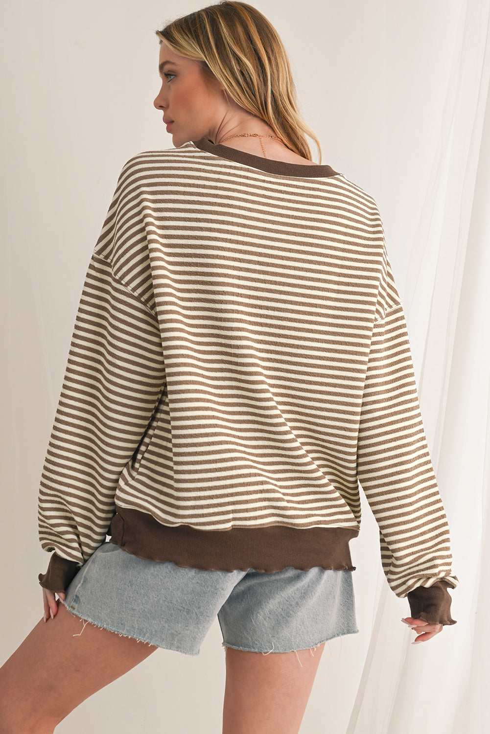 Brown Stripe Drop Shoulder Long Sleeve Top fa1a7a1c5fd0f718