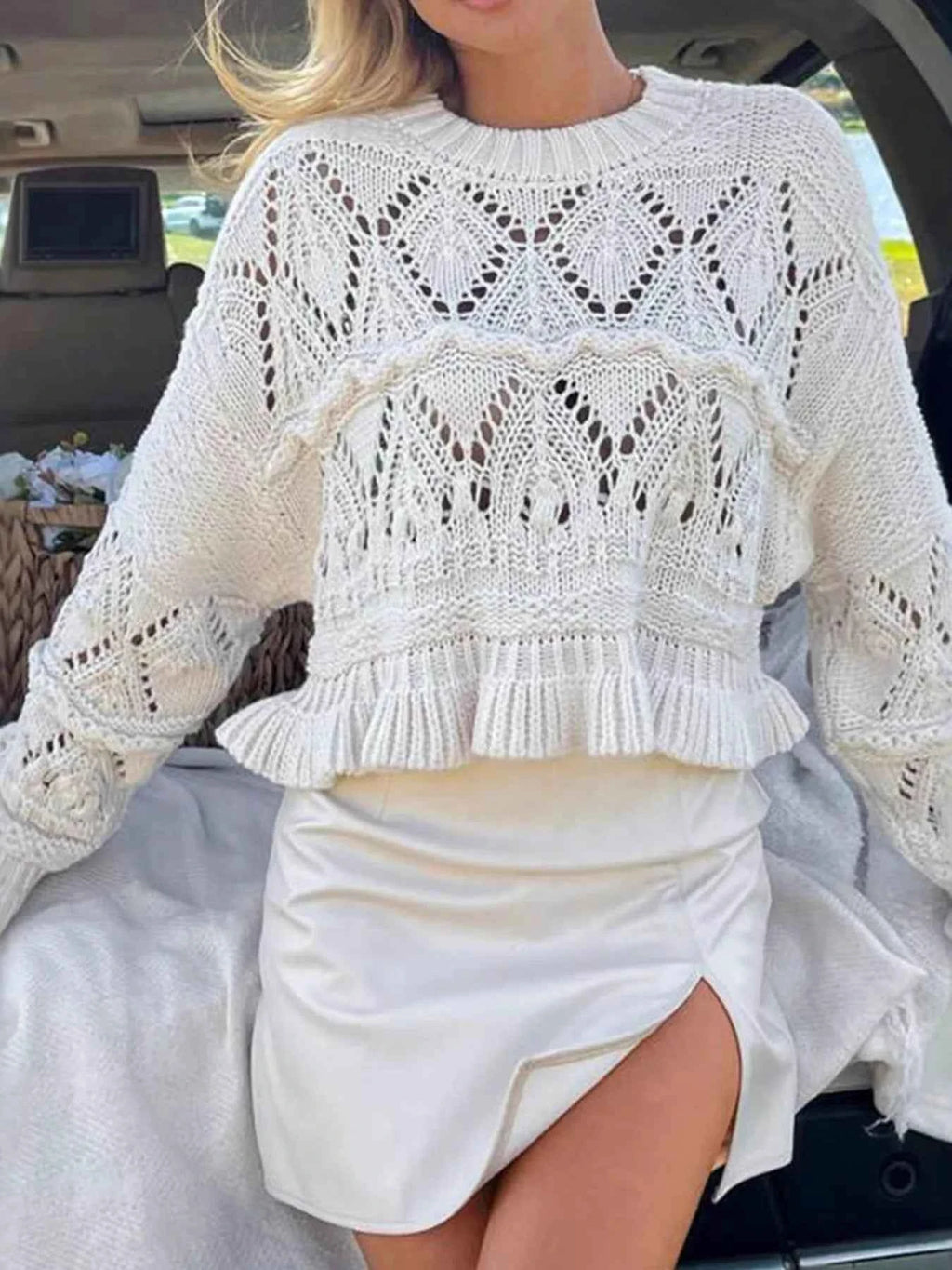 Crochet Ruffled Hem Long Sleeve Sweater White fa30e5facb3147df8b5d25f7d74c4c9c-Max-Origin