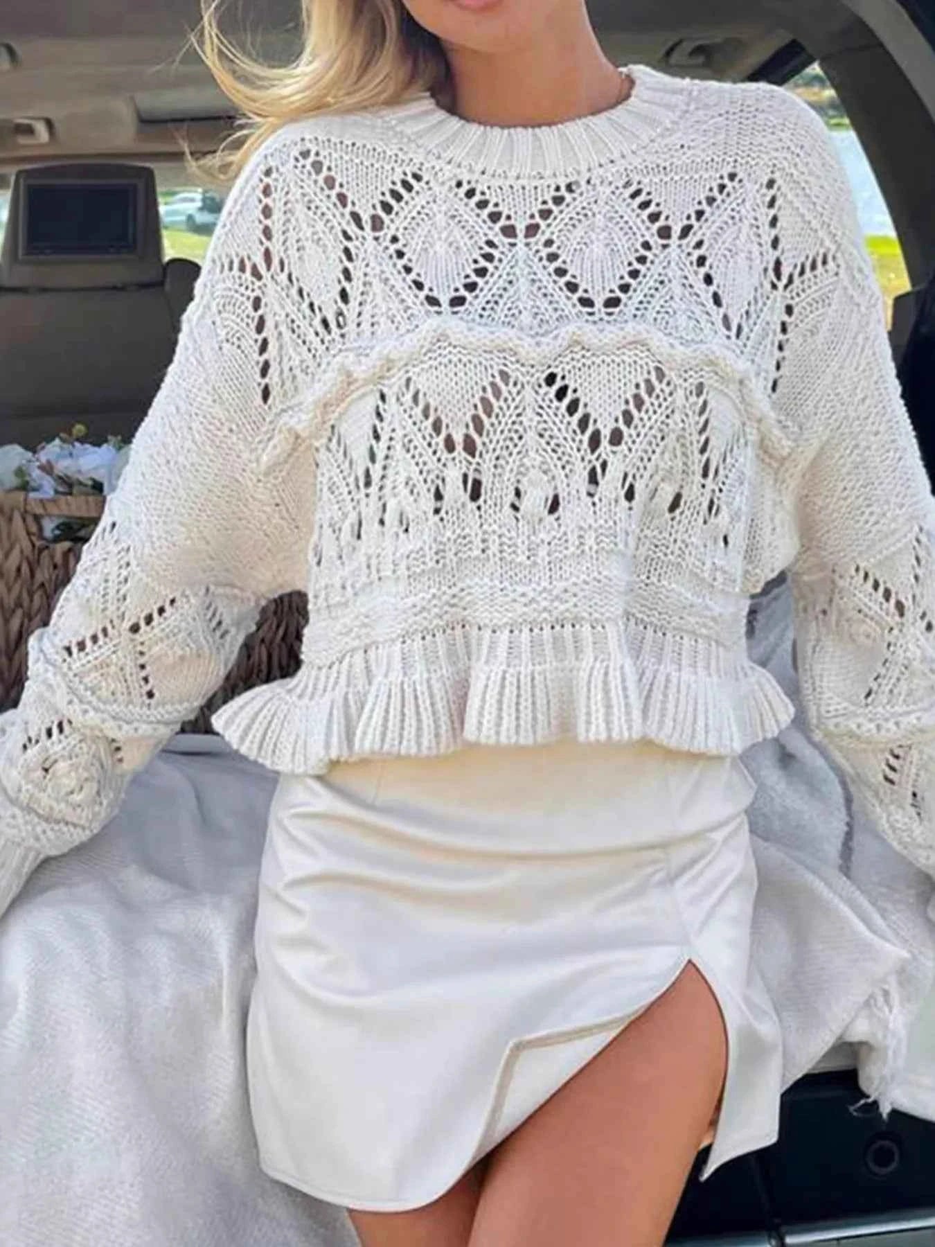 Crochet Ruffled Hem Long Sleeve Sweater White fa30e5facb3147df8b5d25f7d74c4c9c-Max-Origin