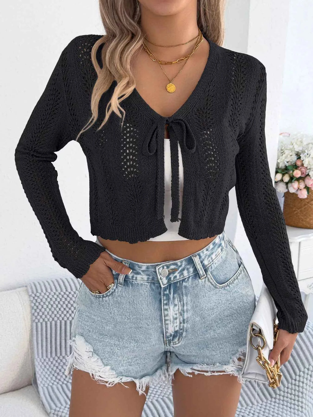 Openwork Tie Front Long Sleeve Cardigan fa327e24ca8c4162bd57aab8c826002b-Max-Origin