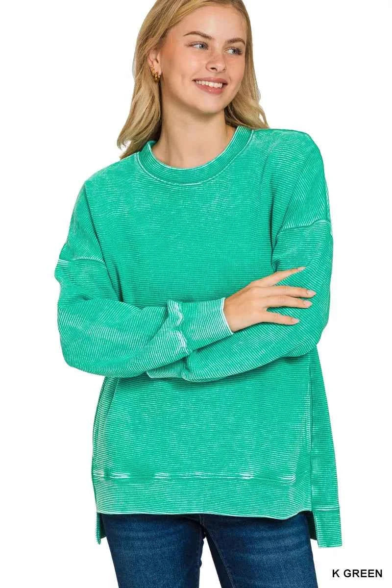 Zenana Full Size Acid Washed Double Ribbed Hi-low Sweatshirt Plus Size K GREEN fa369e1cadc44b3c991f5ef1a376b695-Max-Origin