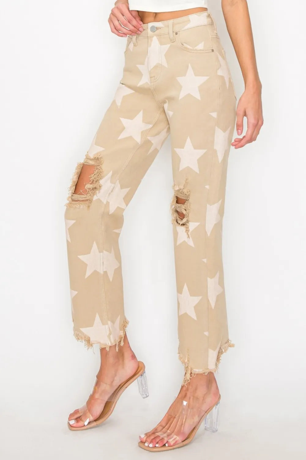 RISEN Full Size High Rise Star Printed Frayed Hem Jeans fa412fe9-d181-4415-9190-7816f991d022-Max