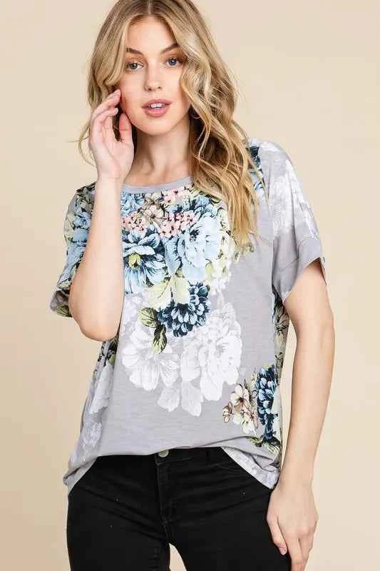 BOMBOM Floral Round Neck Short Sleeve T-Shirt fa44f695-a020-4e7d-981d-3cada375e5dd-Max-Origin