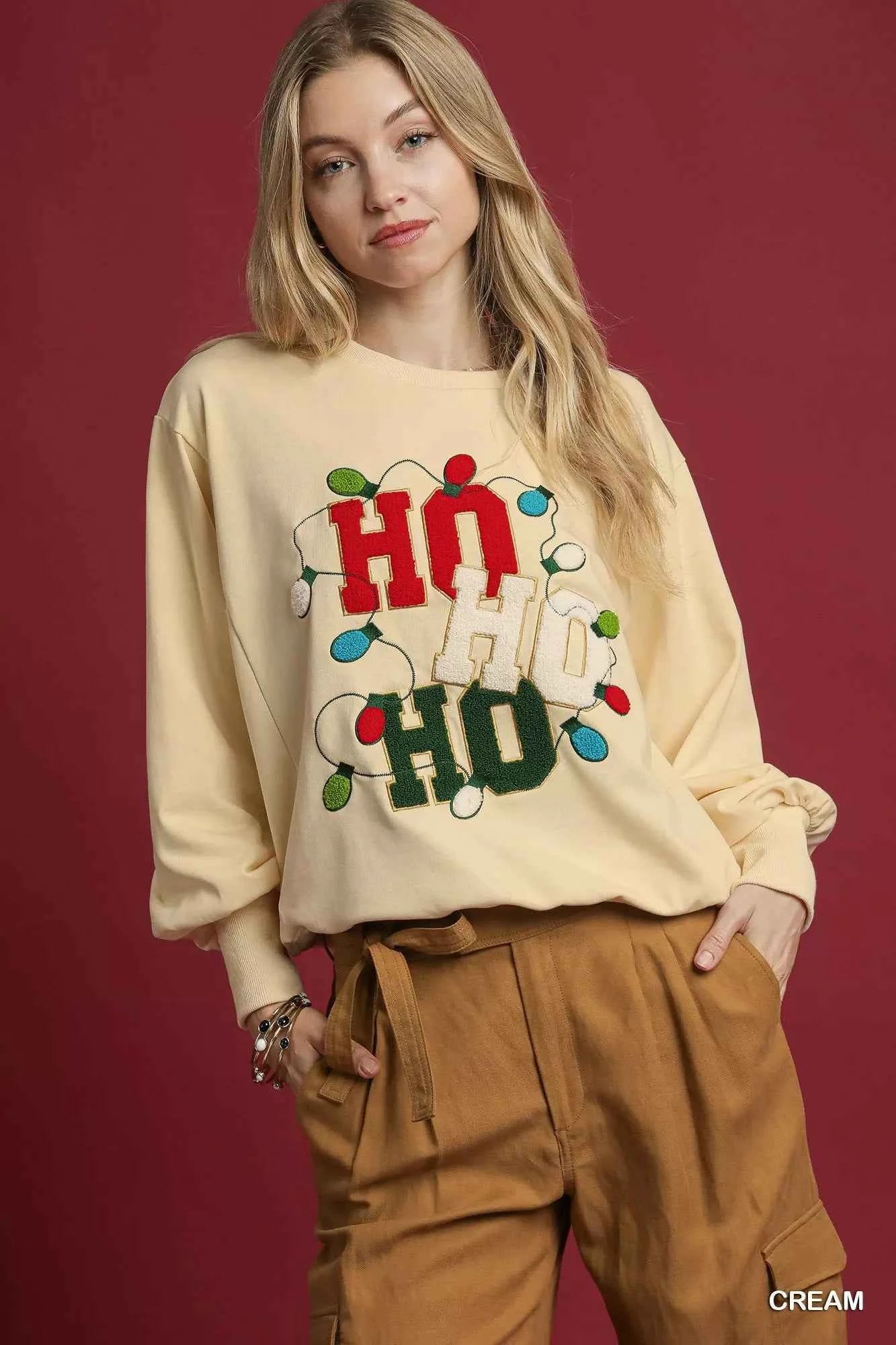 Umgee HO Applique French Terry Sweatshirt Cream fa518341-c774-4ae2-b9e3-f327a80346b8-Max-Origin