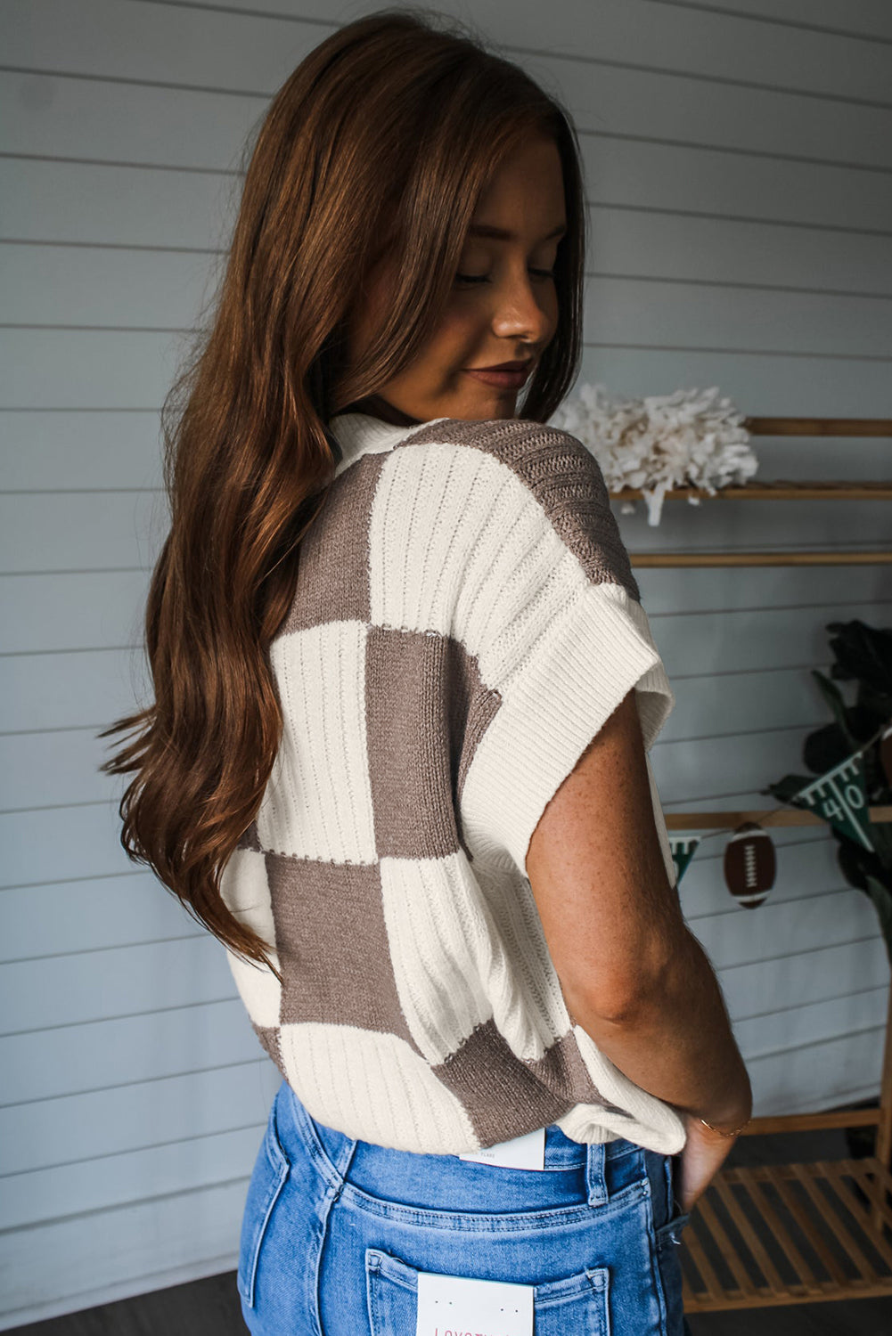 Light Blue Checkered Color Block Crew Neck Short Sleeve Sweater fa5ca83819b0adc5