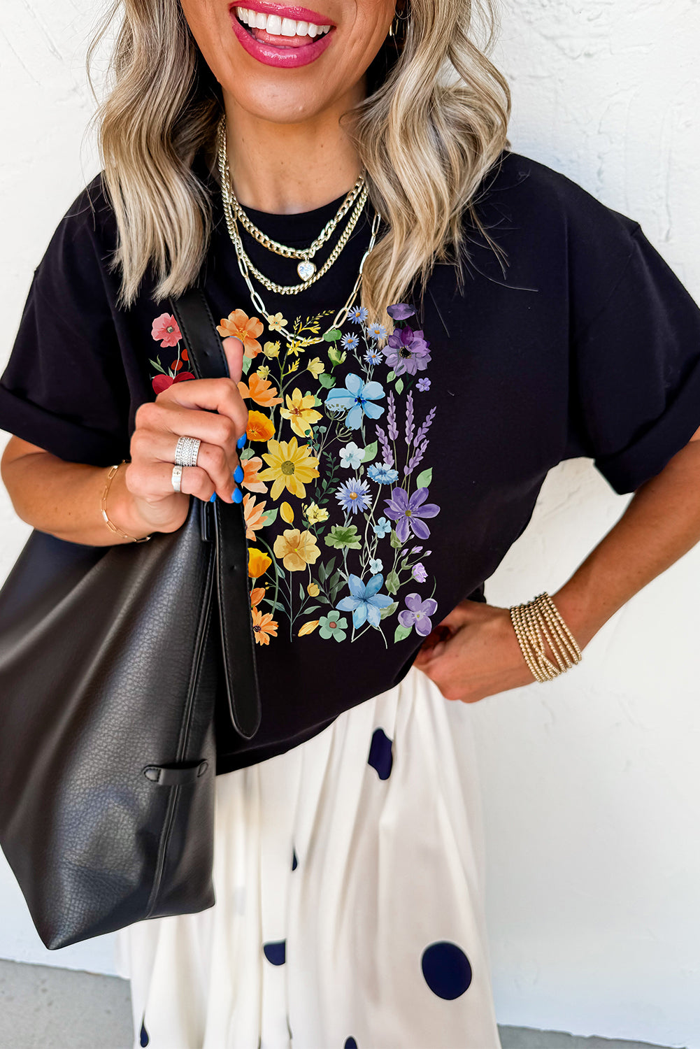 Black Flower Print Cotton Blend Casual Tee fa6bef71e8ad1d9e