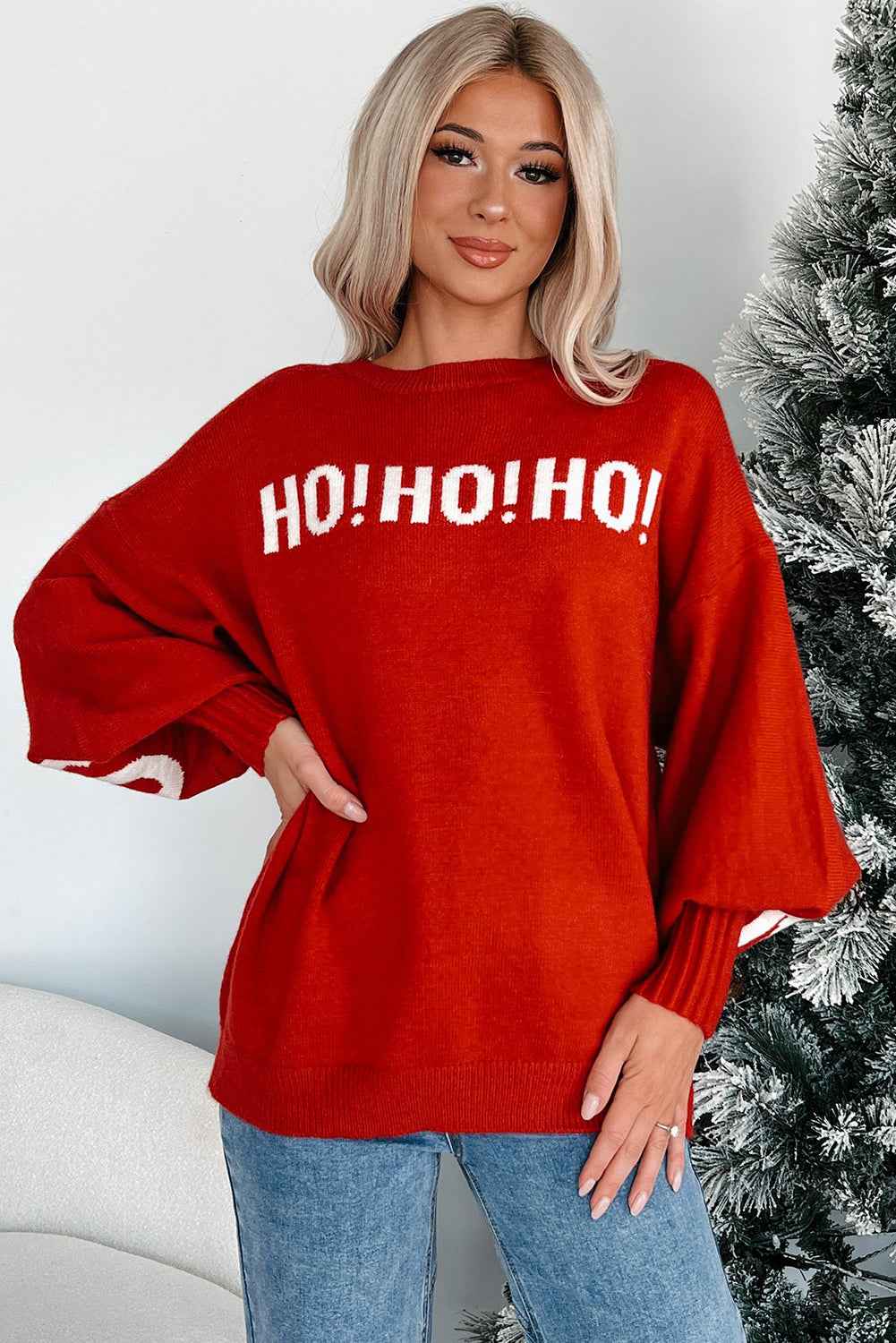 Fiery Red MERRY CHRISTMAS HO HO HO Drop Shoulder Loose Sweater fa70058f3a57c9eb