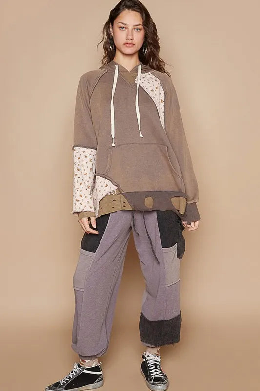 POL Floral Patchwork Distressed Drawstring Hoodie fa737f7a-ce42-44ae-ba51-a85a5d78ad2d-Max