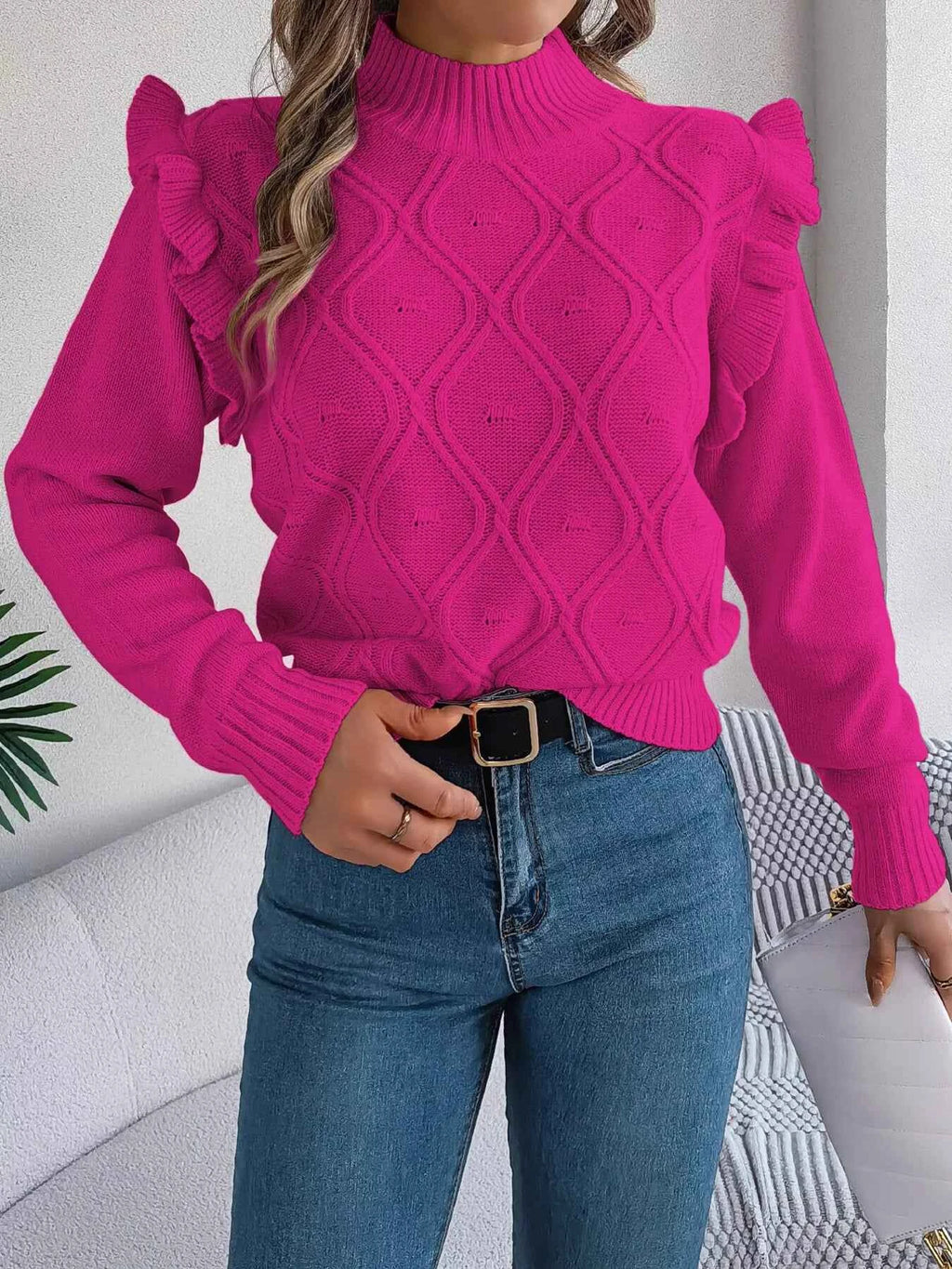 Mock Neck Ruffle Trim Long Sleeve Sweater fa813258706540f1a0901a2880dbf8c4-Max-Origin