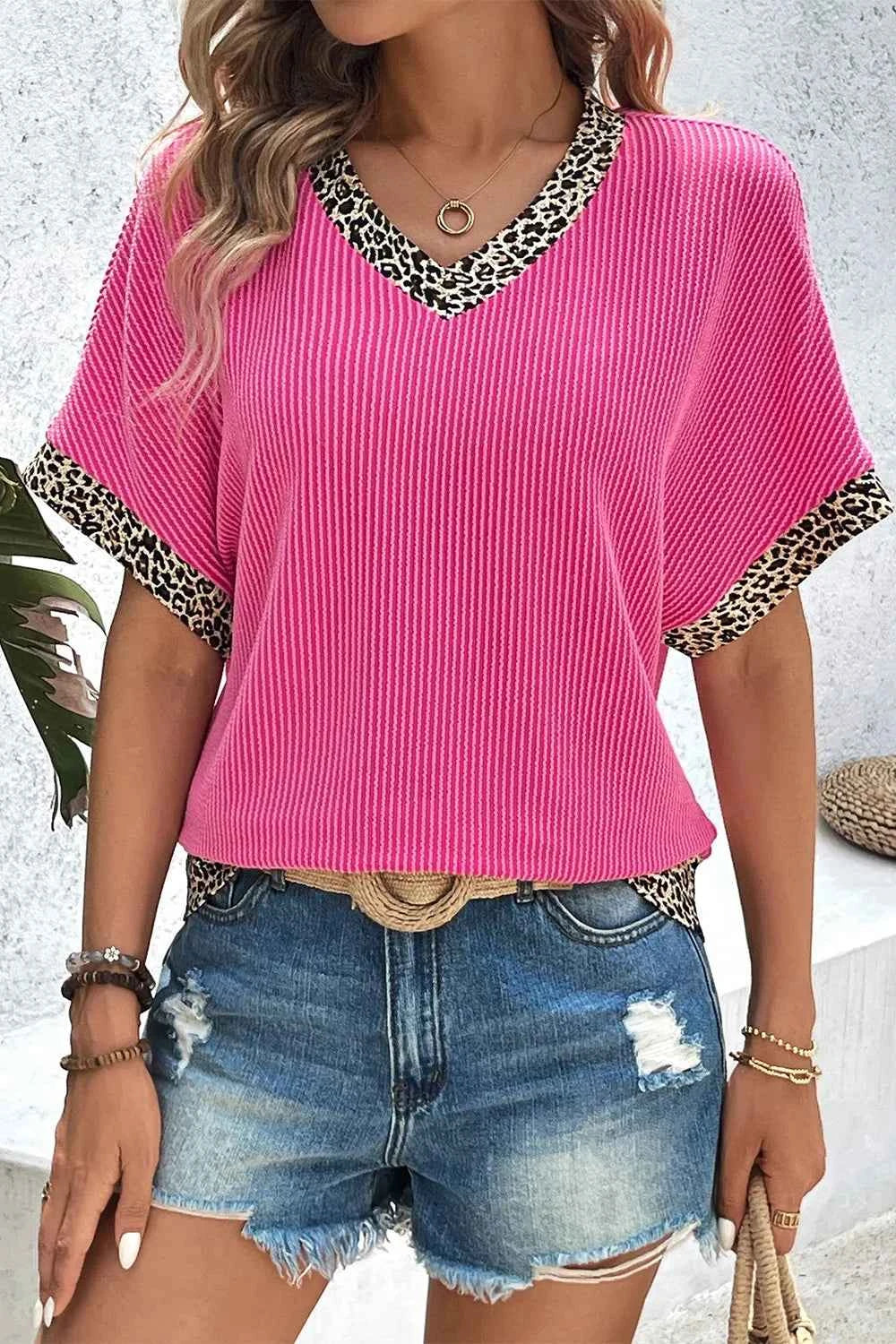 V-Neck Leopard Trim Ribbed Blouse Hot Pink fa84537e-8d9f-42f4-85a2-f3674384d5b1-Max-Origin
