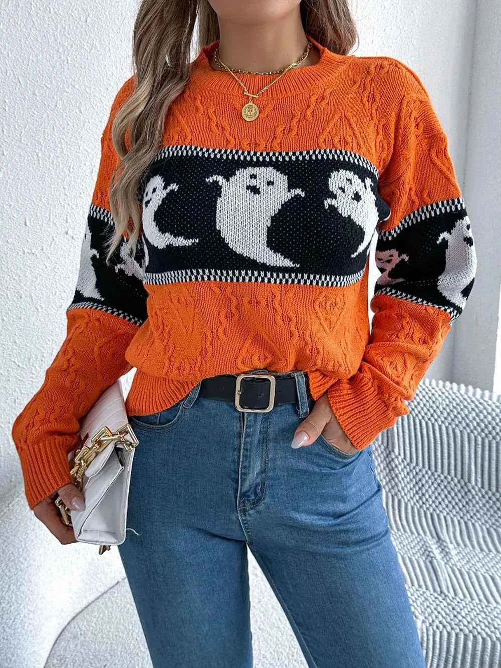 Ghost Round Neck Long Sleeve Sweater Orange fa88939e-0915-4c58-b1ae-5e53ac031c5c-Max