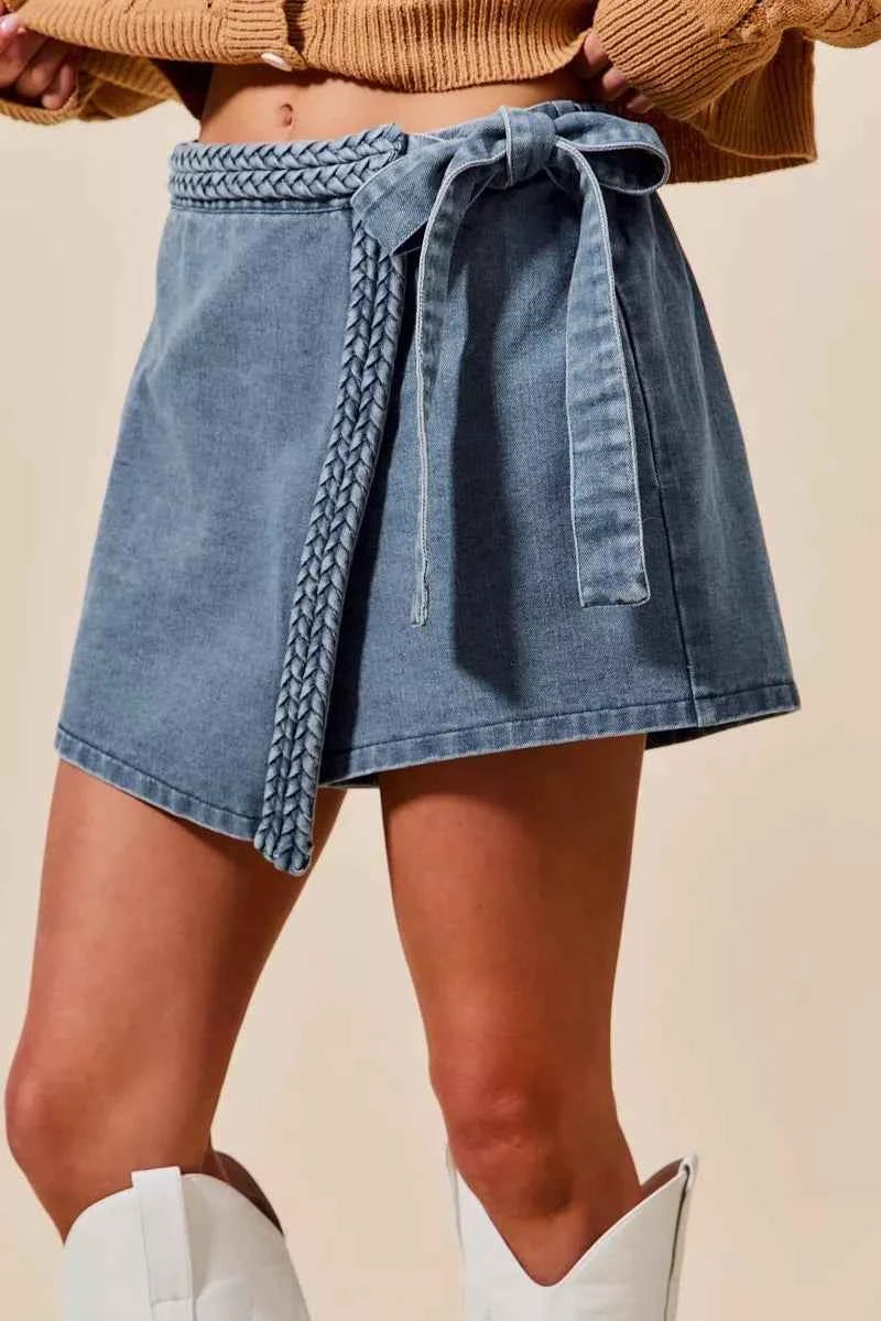 SO ME Wrap Braided Trimmed Denim Skort BLUE fa8c9c9627444f5e8a23cf164f3030fe-Max-Origin
