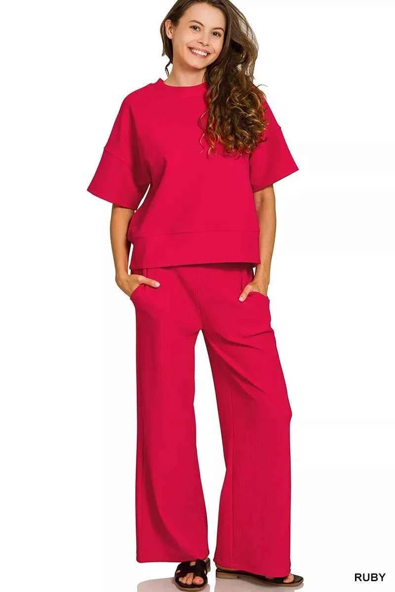 Zenana Ribbed Round Neck Tee & Pants Set RUBY fa8cfe36edde4edfa80b19fac7f0beef-Max-Origin