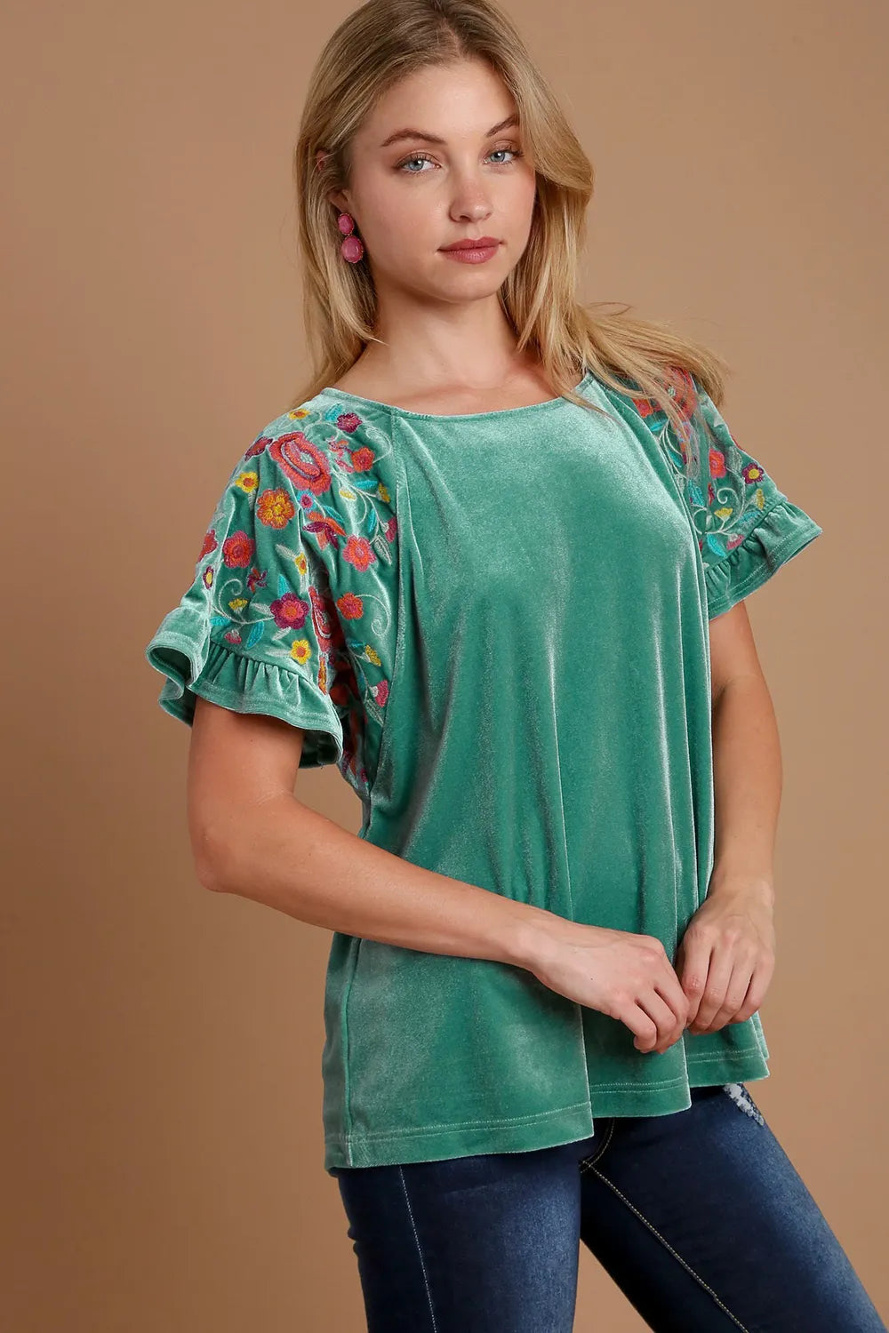 Umgee Velvet Embroidery Short Sleeve Blouse fa9fd5cc-2c56-4c1f-ad3e-34dd49f87a2c-Max
