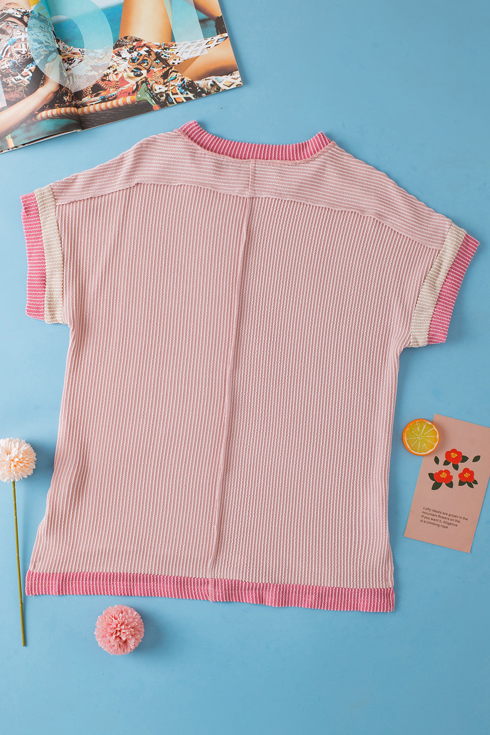 Rose Red Textured Colorblock Round Neck T Shirt faa1ea63f1984591