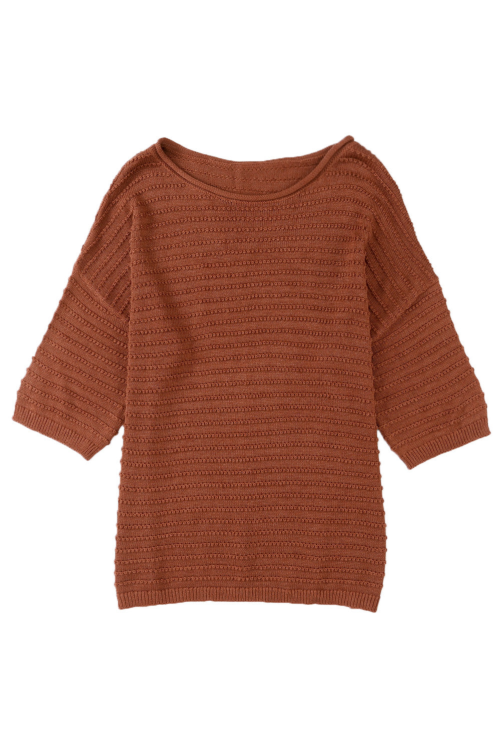 Brown Solid Color Rib-Knit Drop Sleeve Side Slits Top faa5f706c9a4a478