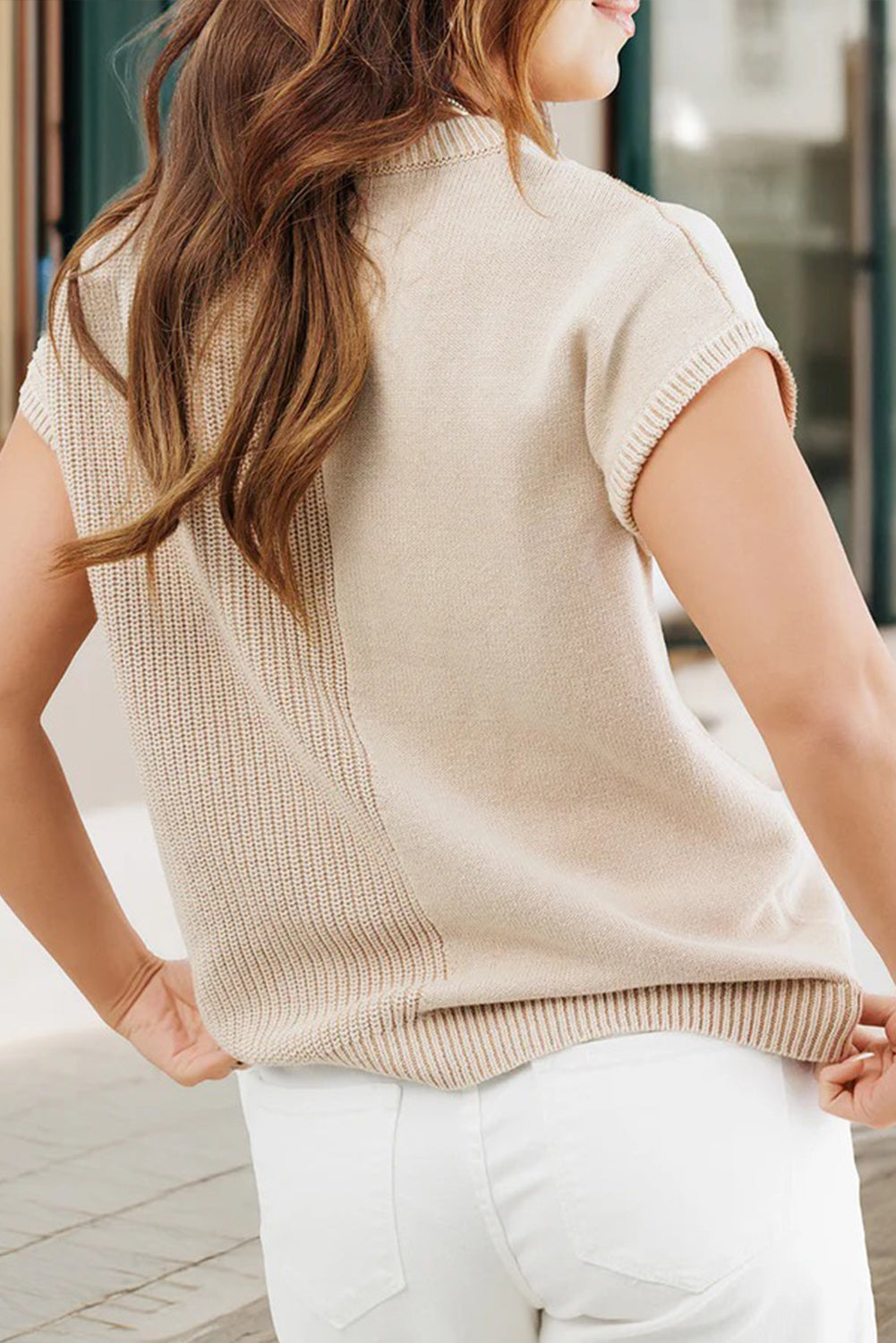 Jet Stream Mixed Knits Pocket Short Sleeve Sweater