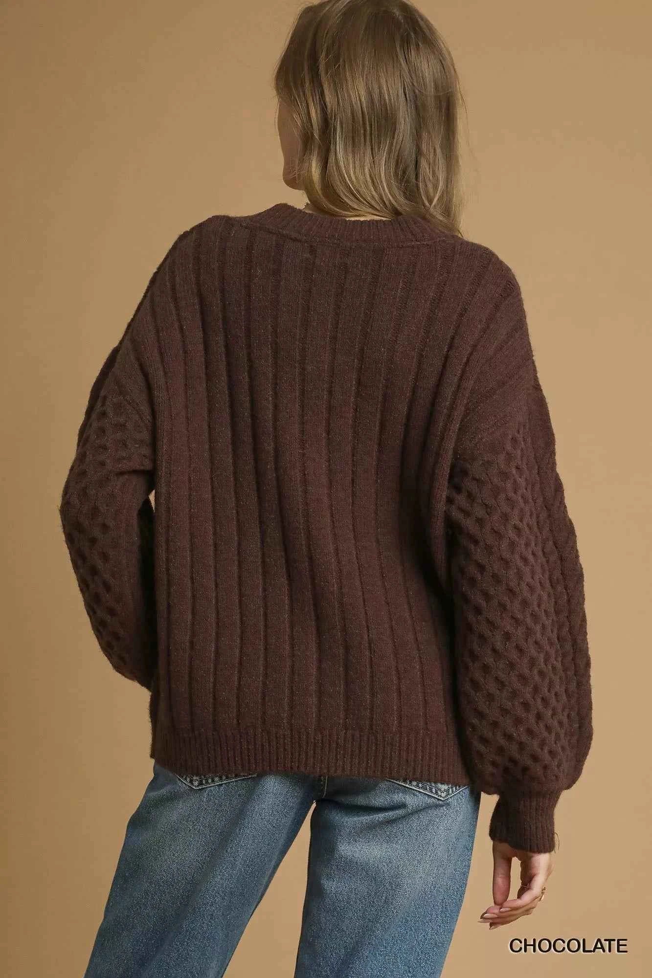Umgee Cable Knit Pearl Button Cardigan fae51589-3504-48c9-90ab-789fce1ac850-Max-Origin
