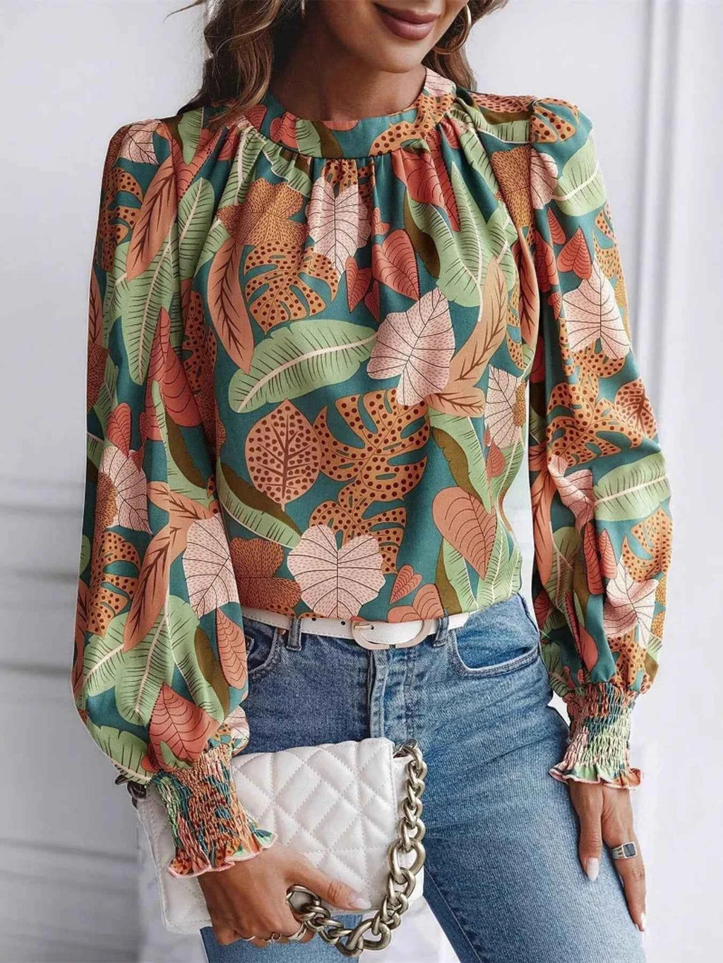 Tropical Print Long Sleeve Blouse Green fae5d9fa59f64029af78823319f2f505-Max-Origin