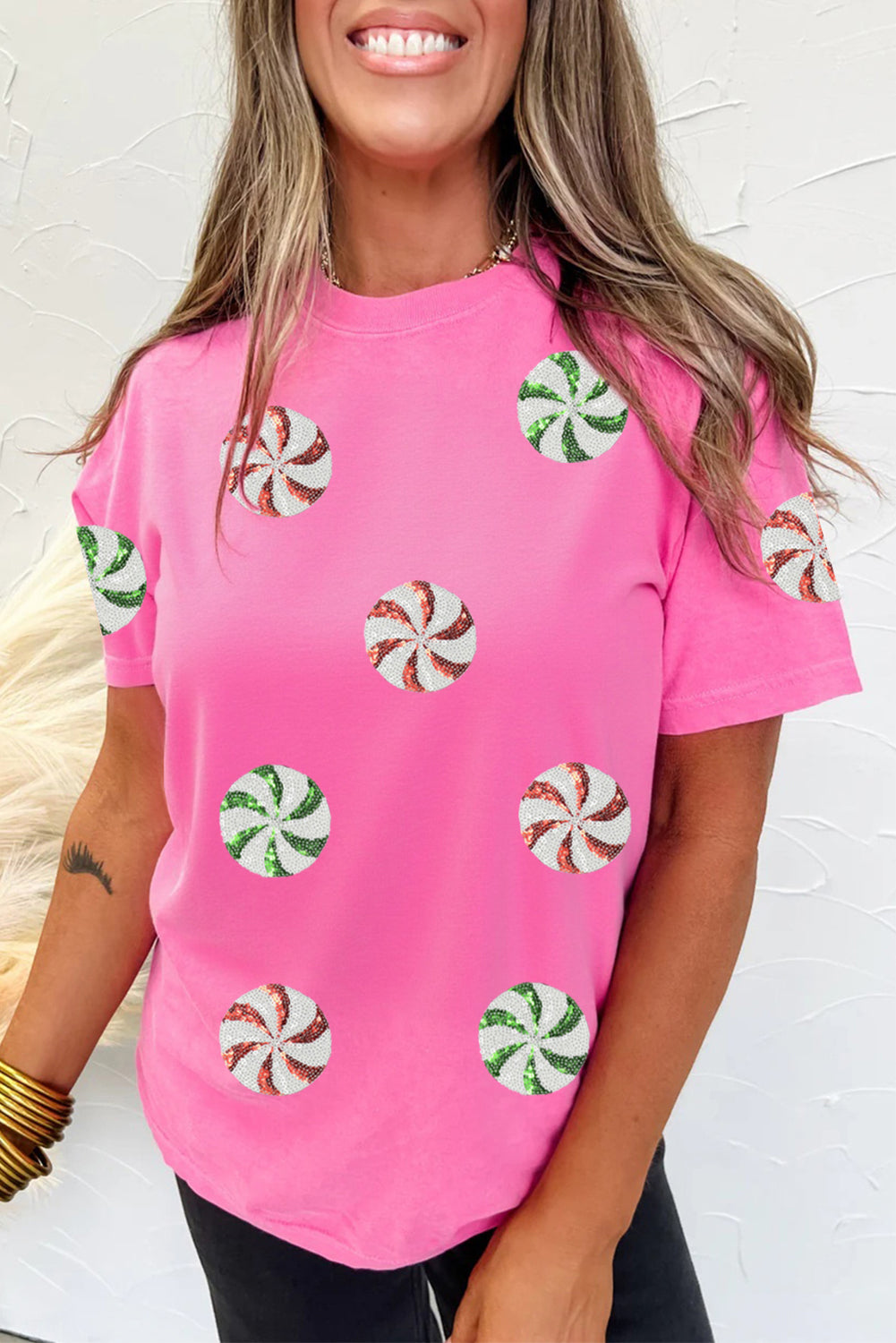 Sachet Pink Peppermint Candy Pattern Sequins Patch Christmas Custom T Shirt faf045df8d3779aa