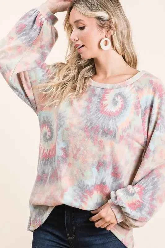BiBi Brushed Tie Dye Print Top with Puff Sleeves fb01b772a1a64fa49a38b944cc660389-Max-Origin