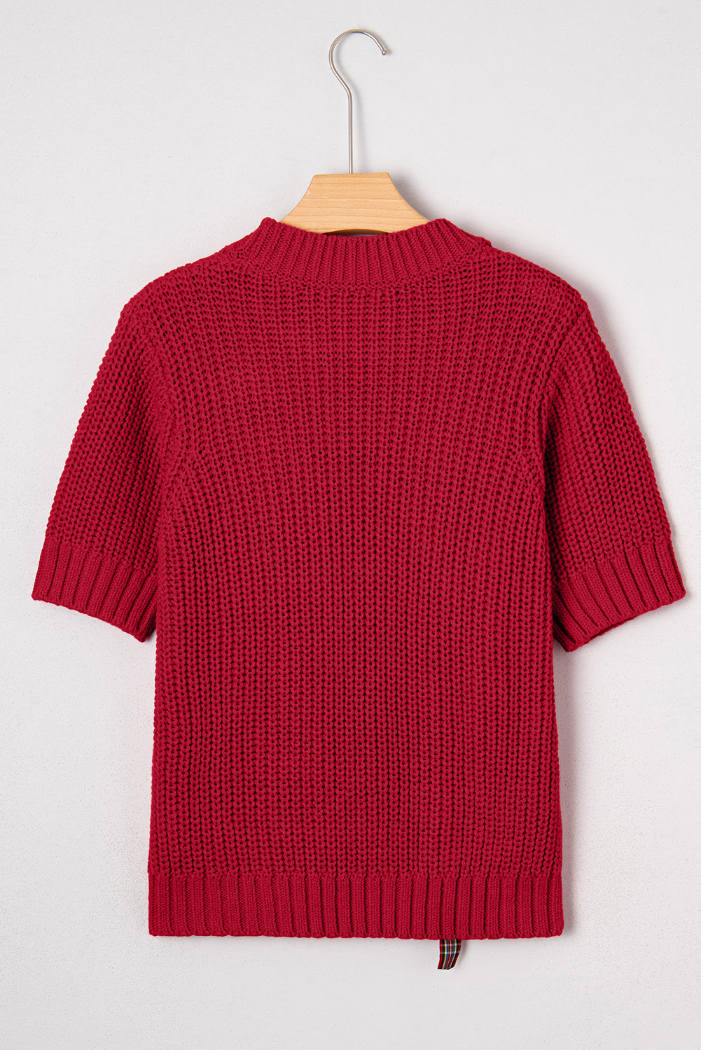 Fiery Red Plaid Lace-up Detail Christmas Holiday Puff Short Sleeve Sweater