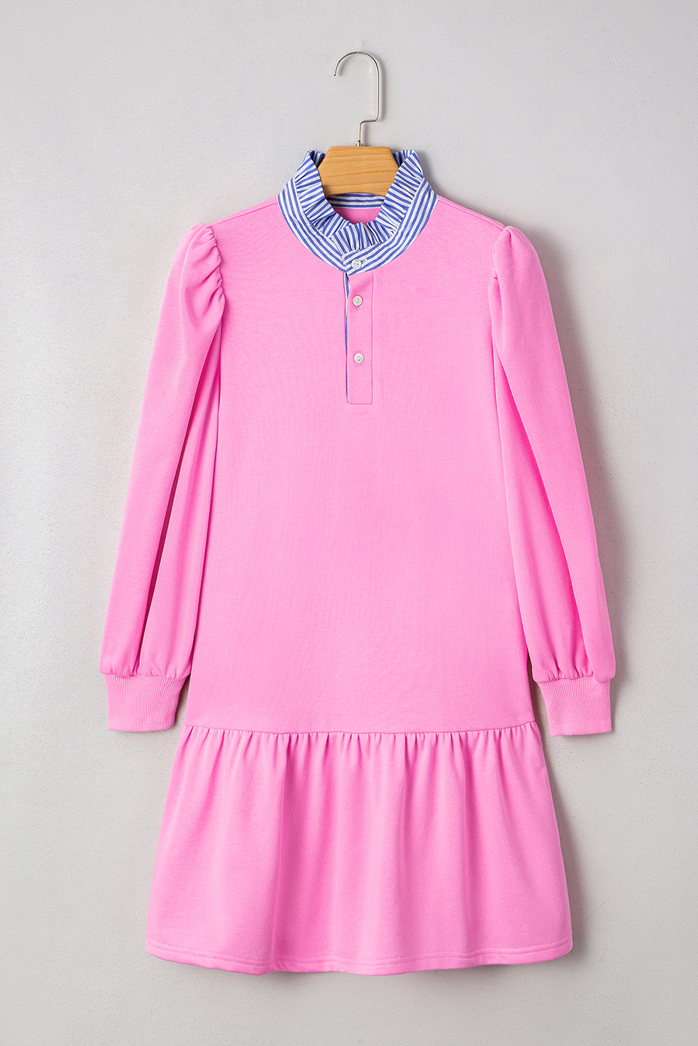 Pink Striped Collar Long Sleeve Ruffle Hem Dress fb17339fab180b6e