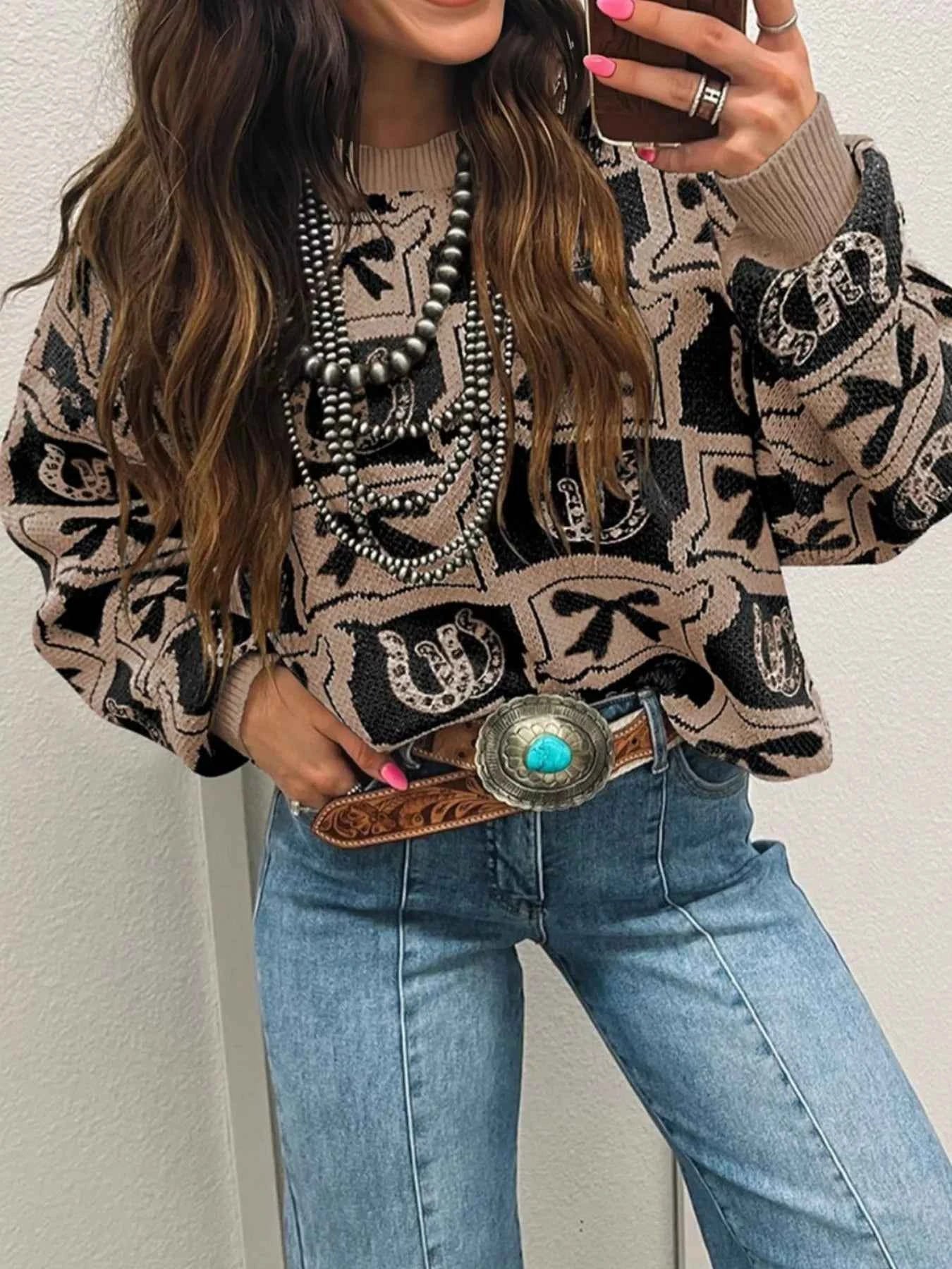 Bows & Horseshoes Pattern Round Neck Sweater Coffee Brown fb18c9c8-c35d-4d94-ada4-581a50451e19-Max-Origin