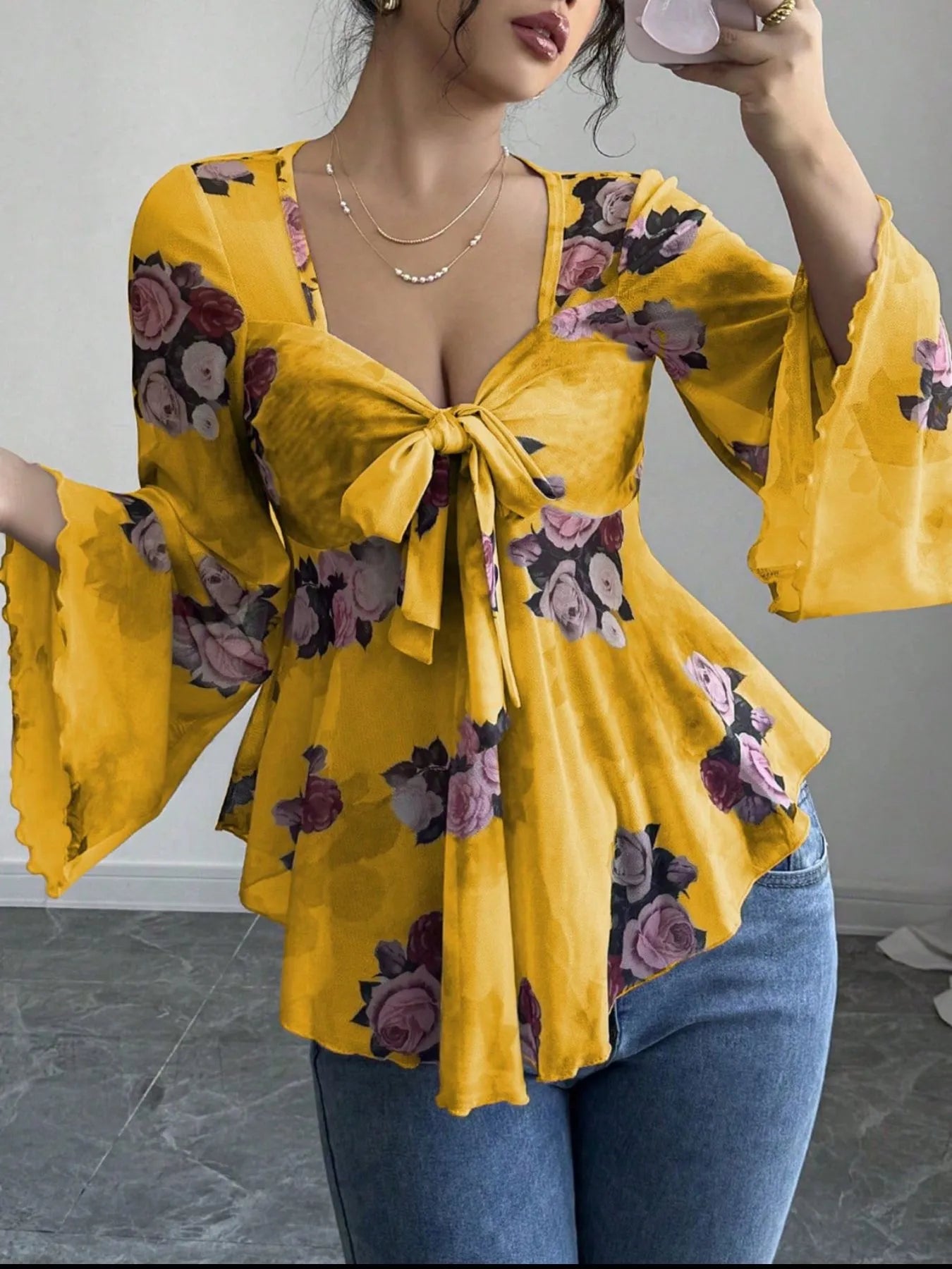 Floral Tie Front Flare Sleeve Blouse Yellow fb1ee6fb-1200-4cf0-9609-62f9a475f6d6-Max-Origin