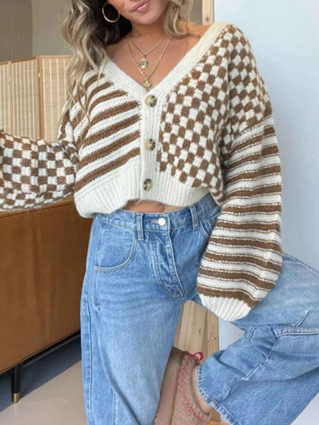 Checkered and Striped Pattern Button-Front Cropped Cardigan Brown fb237611-fcff-489a-9c97-3c0807b81775-Max-Origin