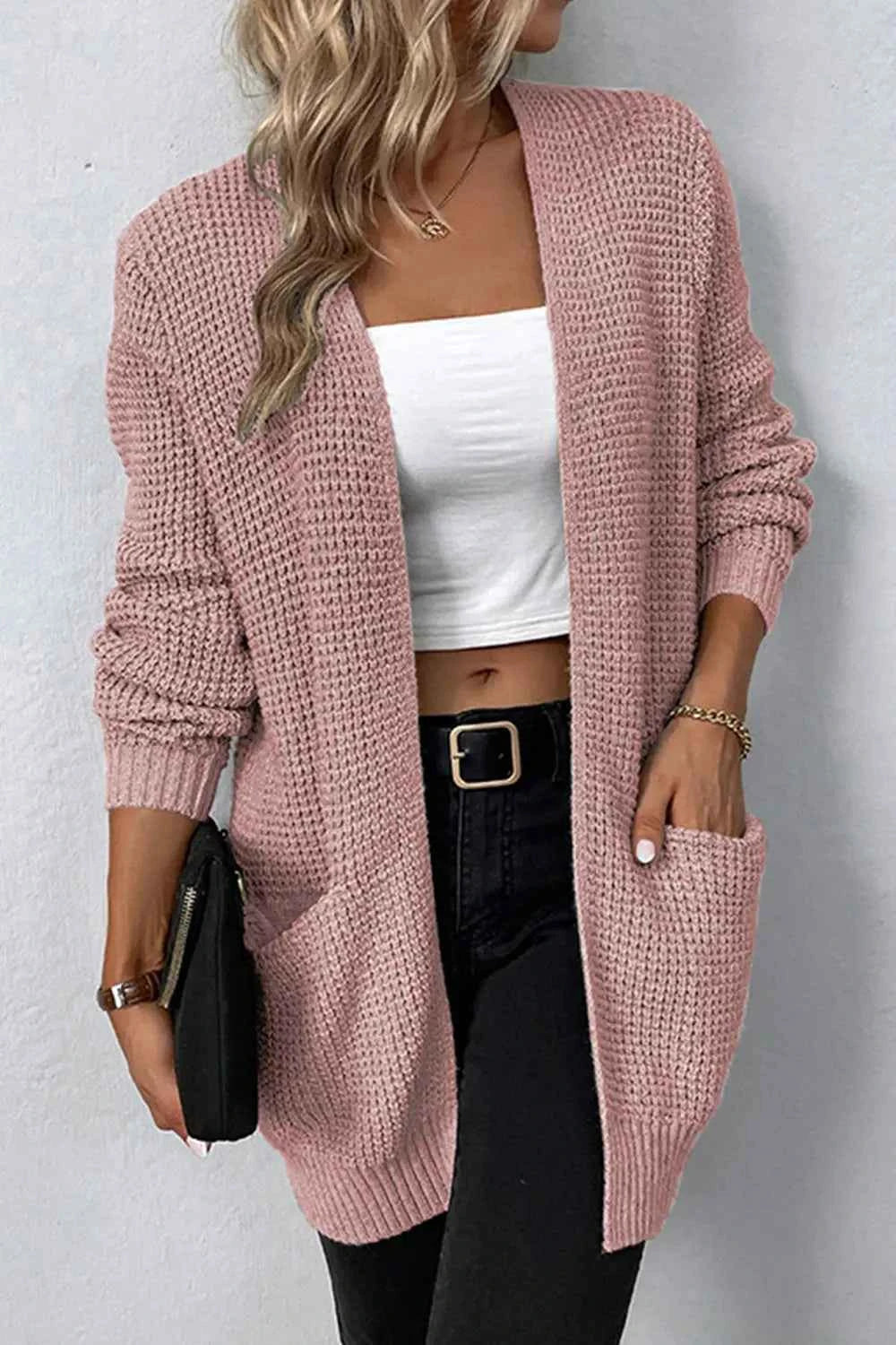 Rib-Knit Open Front Pocketed Cardigan Dusty Pink fb2e05ad85e64aed9e44cafd83058c6a-Max