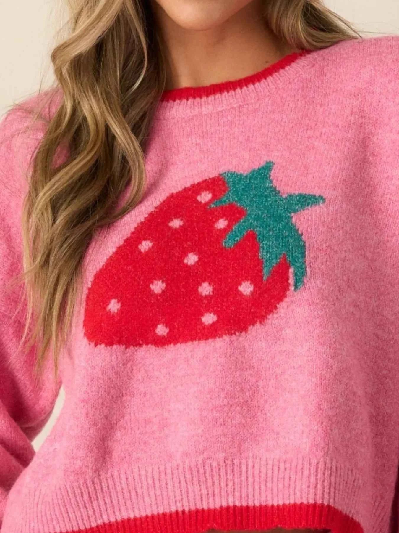 Strawberry Round Neck Long Sleeve Sweater fb56404d-a5a3-4c12-82fe-0bf37399d32d-Max-Origin