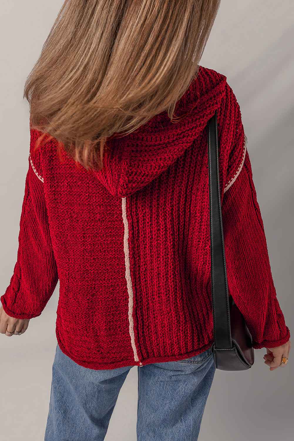 Racing Red Contrast Trim Textured Knit Drawstring Hooded Sweater fb6d9a22058eb8db