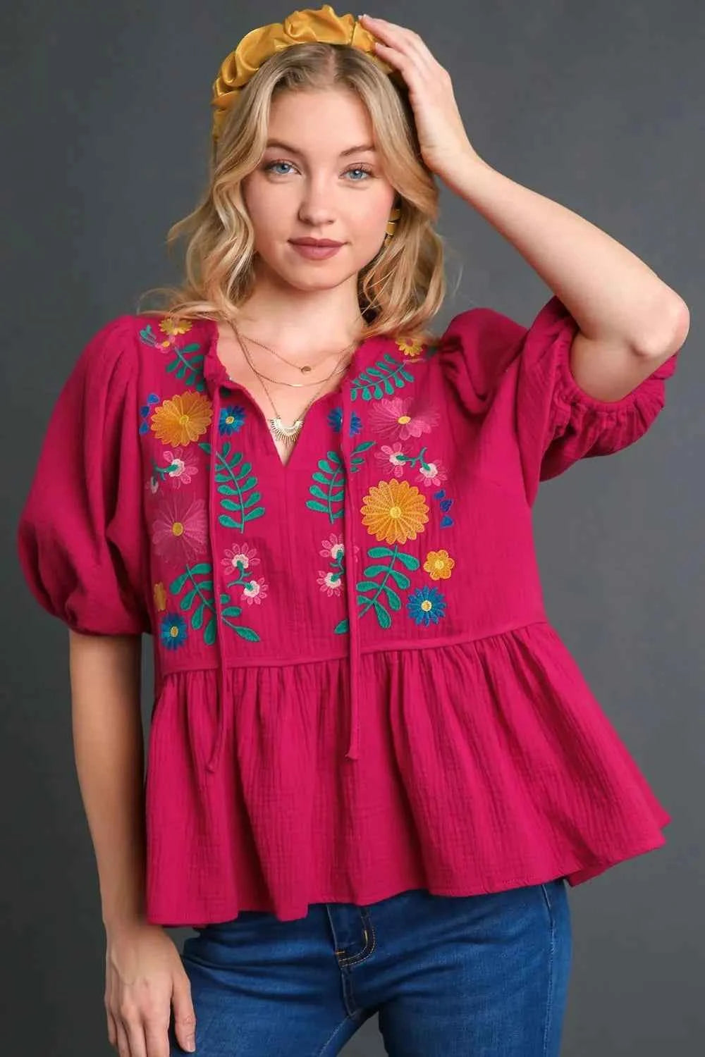Umgee Full Size Cotton Gauze Floral Embroidery Babydoll Blouse Plus Size Deep Rose fb915b3e-cdbe-4d1c-969c-3f074f30e7c1-Max