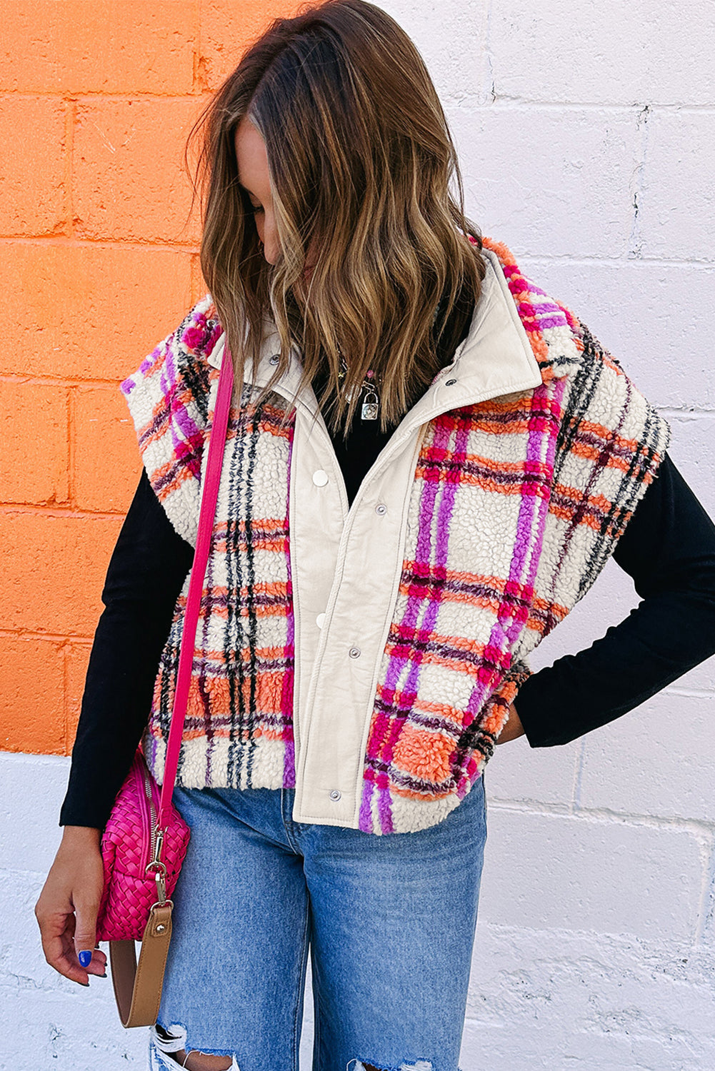 Rose Sherpa Plaid Collared Jacket Vest fb964c28c140e3ff