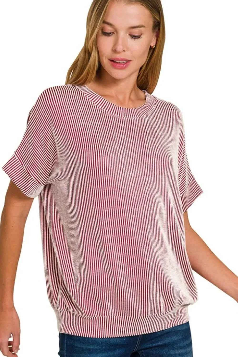 Zenana Corded Rib Short Sleeve T-Shirt DK RED fb970b02-945d-4c78-b956-0ddddd52a45b-Max-Origin