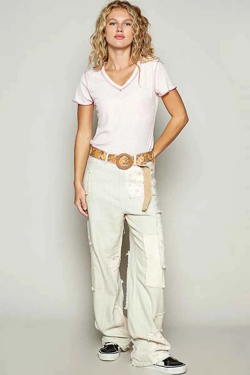 POL V-Neck Short Sleeve Ribbed T-Shirt with Contrast Overlock Stitching fbb7529e-9f15-412a-ac36-06711110f852-Max-Origin