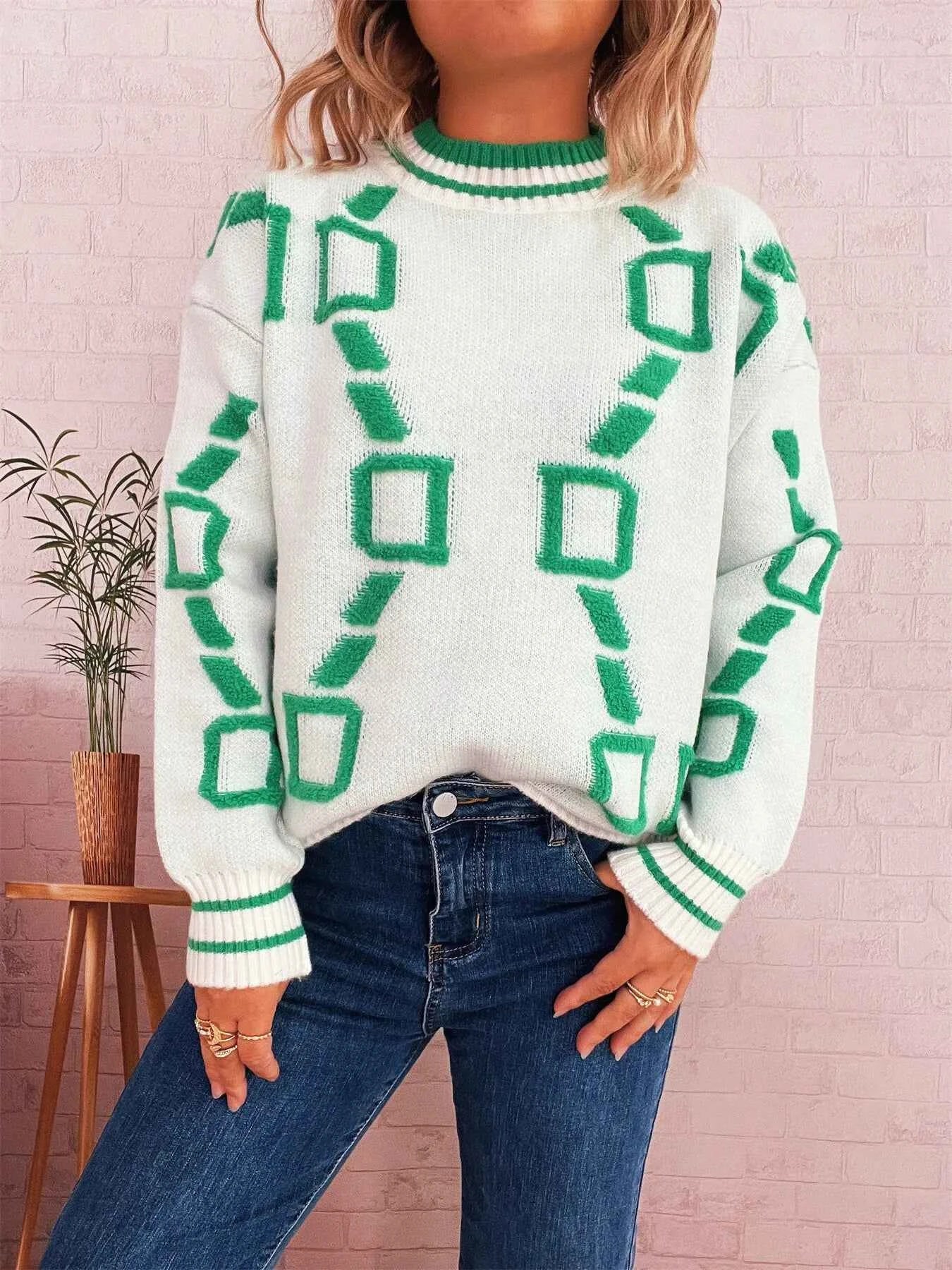 Contrast Round Neck Long Sleeve Sweater fbbac1cd355347d7ae21b5c8e1c357f2-Max-Origin