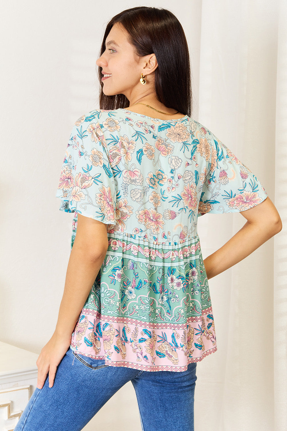 Perfee Floral Tie Neck Short Sleeve Blouse fbdacf258fef4a36b1b79ade7b004aac-Max