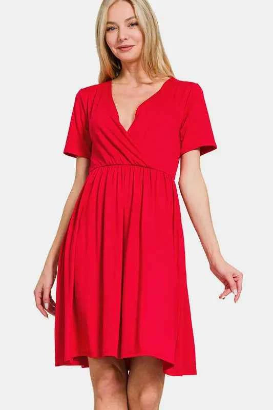 Zenana Surplice Short Sleeve Brushed DTY Dress Red fbe4c514-74f3-47b3-b805-a8a5110ddd02-Max