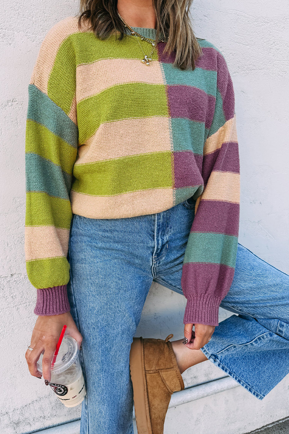 Green Stripe Colorblock Drop Shoulder Ribbed Edge Sweater fbf509a05e8b8476