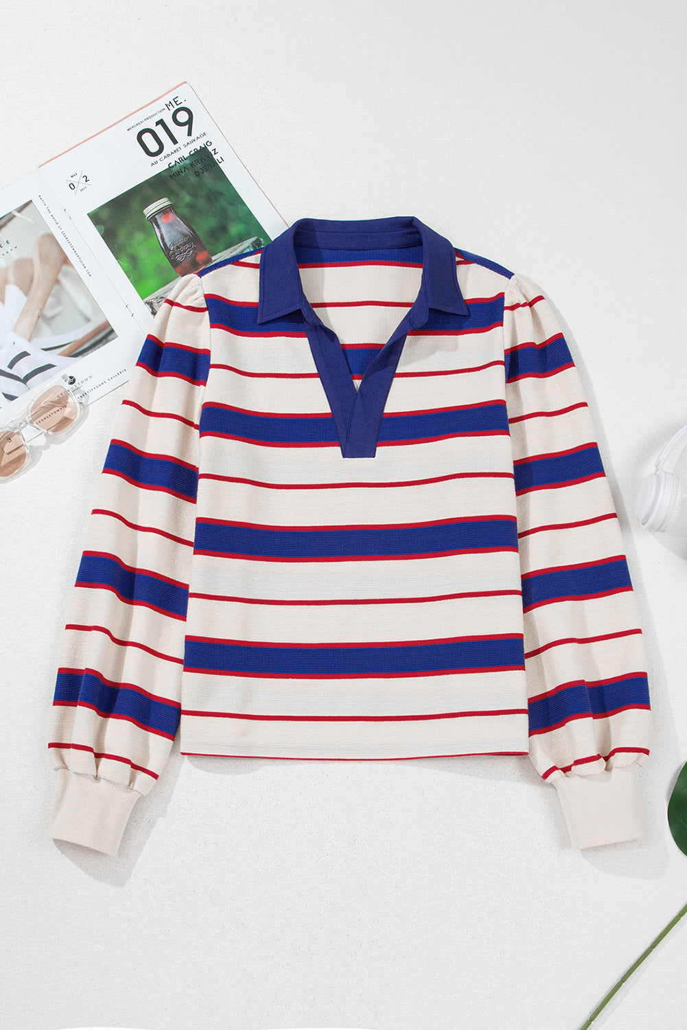 Blue Stripe Colorblock V Neck Collared Sweatshirt fbf6affff40afcbd