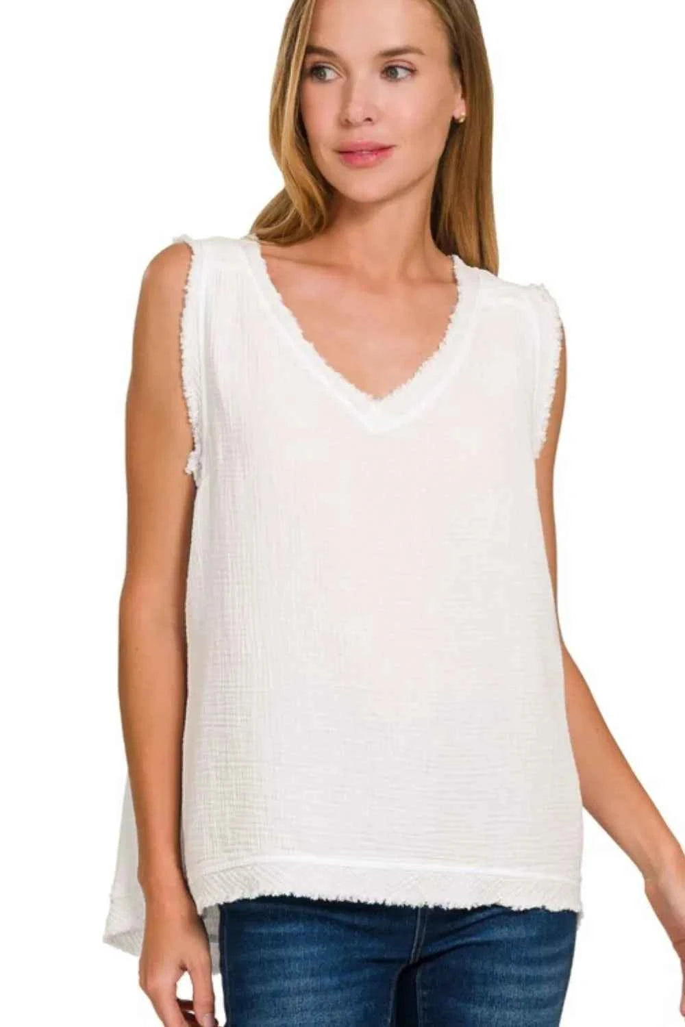 Zenana Double Gauze Raw Edge V-Neck Tank WHITE fc06967d-e696-41e8-94b7-5eb4a04349ef-Max-Origin