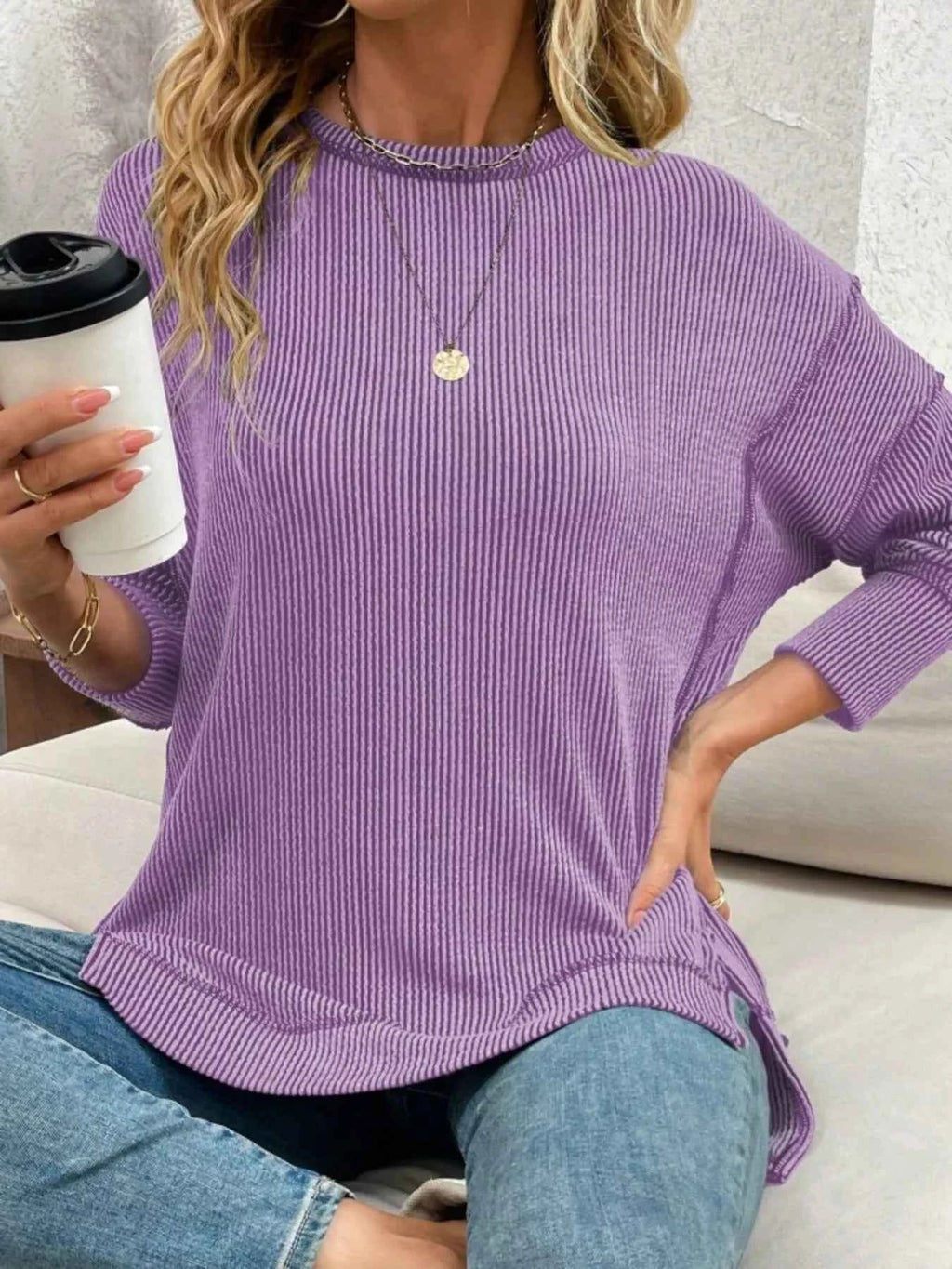 Side Slit Round Neck Dropped Shoulder Sweatshirt fc0ece827b994519bb93c93e2dad073b-Max-Origin