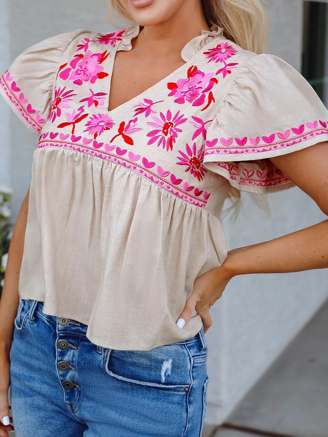 Floral Embroidered Short Sleeve Notched Blouse fc16dc88-d6d7-4129-9029-ad3364a3da63-Max-Origin