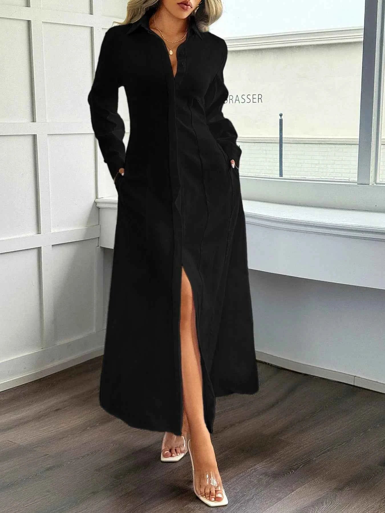 Slit Long Sleeve Maxi Shirt Dress Black fc24386f-1e2c-4fe4-982f-5c0cc18b88ad-Max-Origin