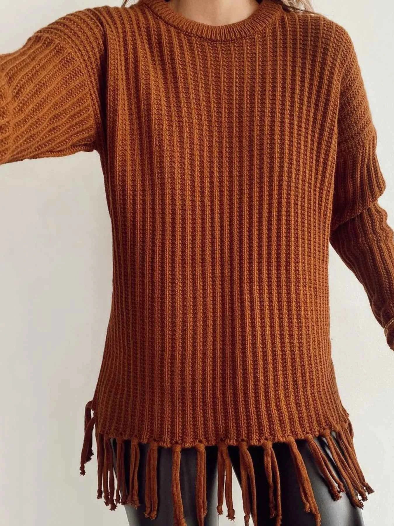 Fringe Round Neck Long Sleeve Sweater Burgundy fc325bc2477a4579b5ce1d5c7178abf5-Max-Origin