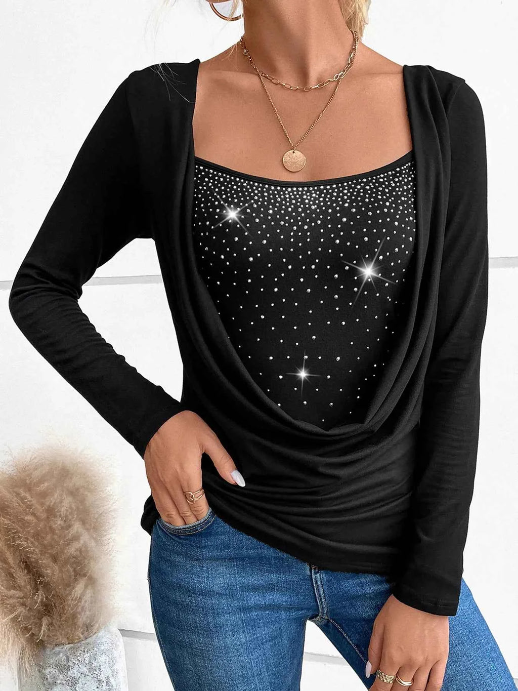 Rhinestone Ruched Long Sleeve T-Shirt fc36f5fe4d2b4981be2bd5c33aa06b86-Max-Origin